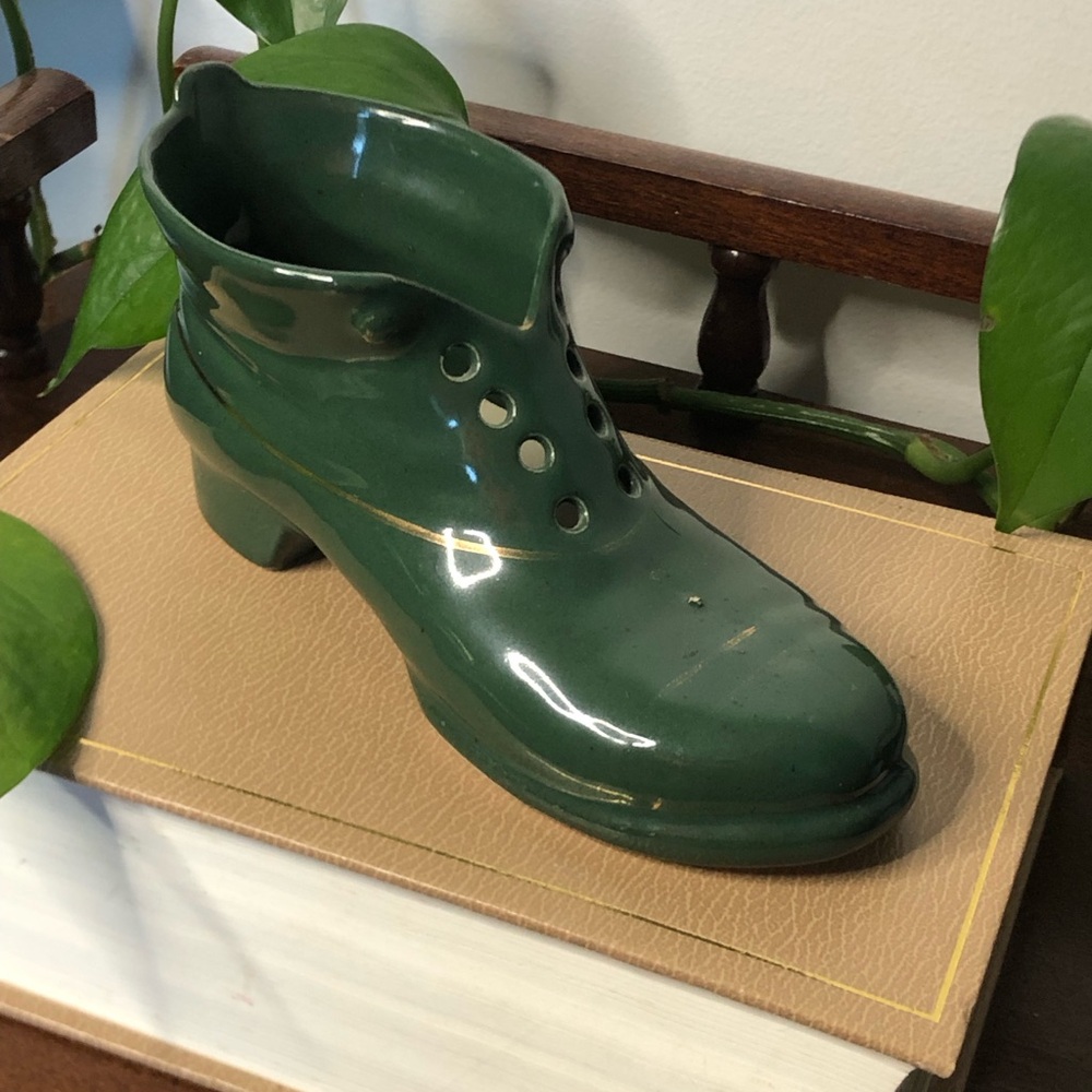Vintage Hunter Green Glazed Ceramic Boot Shoe Planter Vase with Gold Accents